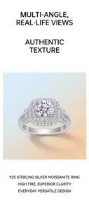 Gedetailleerde weergave van een fonkelende moissaniet ring met halo in 925 zilver