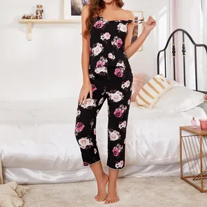 Chic rose print camisole and pants 2-piece pajama set for women's home comfort