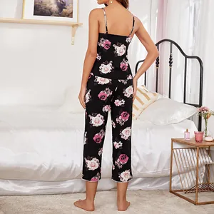 Elegant rose print two-piece pajama set with camisole and long pants for women's sleepwear