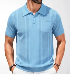 Detailed view of light blue men's short-sleeve knit polo shirt with vertical ribbing.