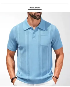 Detailed view of a light blue short sleeve knit polo shirt with vertical ribbed texture