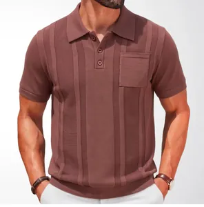 Close-up of brown short-sleeve knit polo shirt with vertical ribbed texture and chest pocket