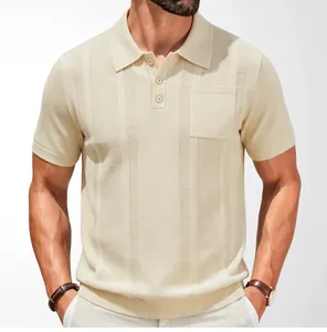Close-up of beige men's knit polo shirt featuring vertical rib texture and chest pocket