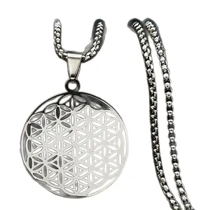 Stainless steel Flower of Life geometric pattern pendant necklace with box chain unisex