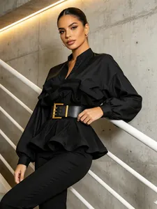 Elegant Ruffle Pleated Blouse With Wide Belt Gold Buckle Stand Collar Lantern Sleeve Solid Color Office Fashion Shirt Top