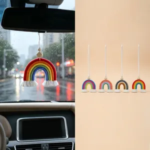 Ornamento Appeso Arcobaleno Intrecciato A Mano Per Auto Bohemien Corda In Cotone Nappina Con Perle In Legno Arredo