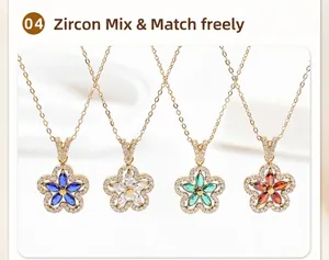 Close-up of four gold stainless steel necklaces with multi-colored flower pendants