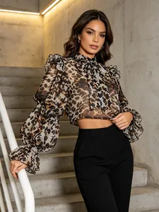Women Sexy Sheer Chiffon Blouse Leopard Print Solid Black Bow Tie Stand Collar Bubble Long Sleeve Elegant Retro Top