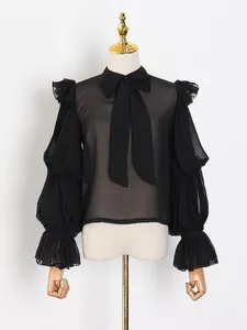 Elegant black sheer chiffon blouse featuring sexy bubble long sleeves and a stylish bow tie neck