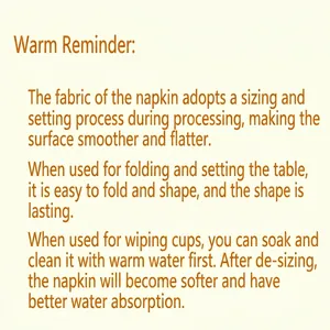 Instructions for use and care of white cotton napkins and cup cleaning cloths.