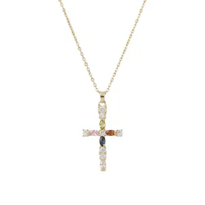 Elegant gold cross pendant necklace with colorful cubic zirconia stones on white background