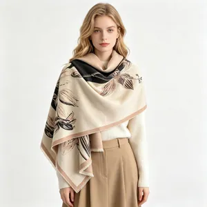 Elegant magnolia floral cashmere-like shawl scarf for women in beige, soft and warm