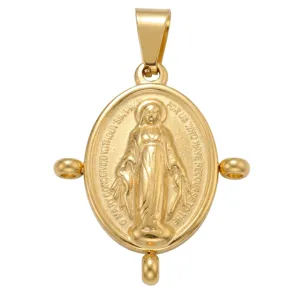 Detailoverzicht van vergulde ovale Maagd Maria hanger met afmetingen