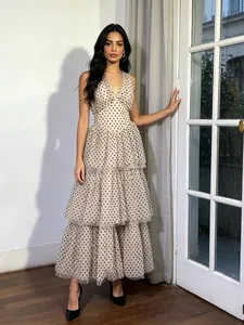 Vintage Polka Dot Halter V-Neck Tiered Mesh Maxi Dress Women Retro Romantic Banquet Party Sleeveless Tulle Cake Dress