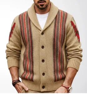 Detailed view of men's retro knit cardigan with shawl collar and decorative jacquard