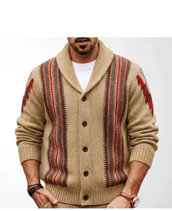 Model wearing a retro jacquard striped knit cardigan with shawl collar detail