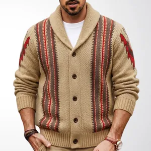 Vintage men's striped knit cardigan with shawl collar and jacquard pattern