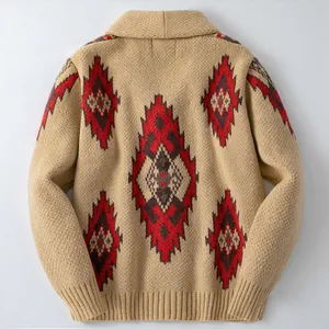 Retro geometric jacquard knit cardigan sweater for men with warm shawl collar design