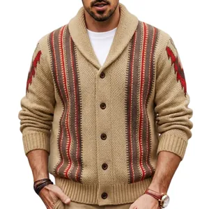 Vintage men's shawl collar knit cardigan with striped ethnic jacquard patterns