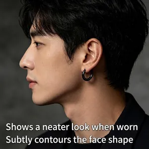 Premium black titanium steel hoop earring for men shown on Asian model side profile