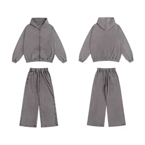 Vintage washed grey tracksuit set with zip hoodie and wide-leg pants