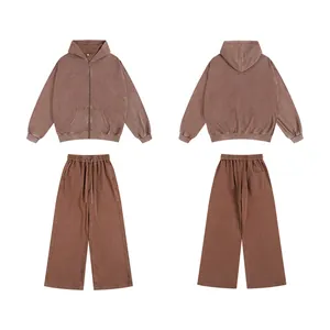 Vintage acid washed brown oversized hooded sweatshirt and wide-leg pants streetwear set
