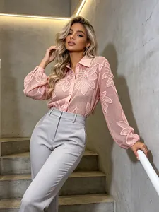 Damen Elegantes Besticktes Mesh Hemd Mit Blumenmuster Langarm Revers Bluse Lockeres Casual Durchsichtiges Spitzenoberteil
