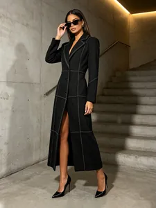 Women Long Trench Coat Contrast Stitching Notched Lapel Single Breasted Overcoat Loose Casual Elegant Spring Autumn Fashion Jacket