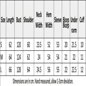 Detailed size chart for retro paisley knit cardigan with length and bust measurements