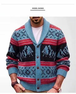 Herren Vintage Strickjacke mit Schalkragen, Ethno-Jacquard-Muster und Bergmotiv Detailansicht