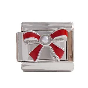 Italienisches Charm-Armband Glied mit roter Schleife und Perle für DIY Schmuck