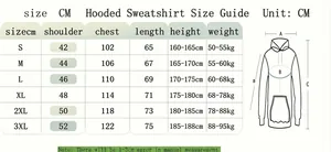 Hoodie size guide chart with measurements for shoulder, chest, length, height, and weight