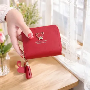 Small Short Zipper Wallet Women PU Leather Cute Bear Tassel Rabbit Pendant Card Holder Coin Purse Student Korean Style