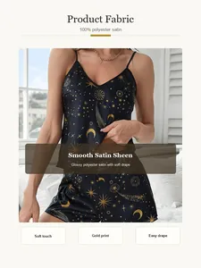 Macro view of glossy polyester satin pajama set with celestial star and moon gold print.
