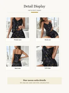 Detailed display of star and moon printed satin pajama set showing front and back views