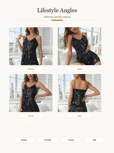 Multi-angle view of celestial star and moon print satin V-neck camisole pajama set.