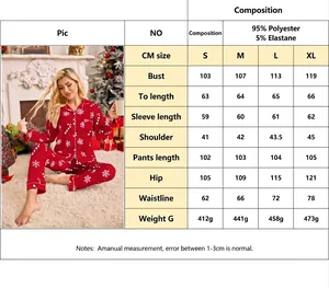 Comprehensive size chart for red Christmas themed women's long-sleeve pajama set