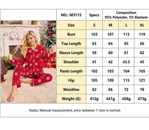 Comprehensive size chart for red Christmas themed women's long-sleeve pajama set