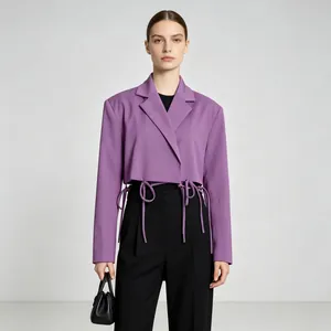 Fashionable purple cropped blazer with a unique tie-up hem and hollow design detail