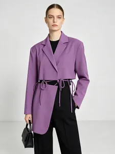 Women Designer Hollow Out Lace Up Blazer Jacket Cotton Blend Waist Cut Out Long Sleeve Streetwear Suit Coat Khaki Purple