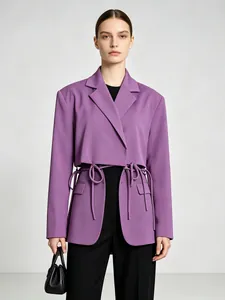 Stylish purple hollow-out long-sleeve blazer jacket with waist drawstring for women