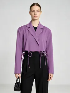 Stylish purple cropped blazer featuring unique waist tie-up design and tailored fit for women