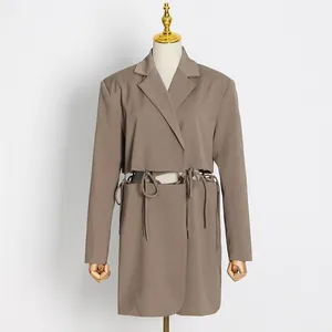 Stylish taupe long sleeve blazer with unique hollow out waist and drawstring ties