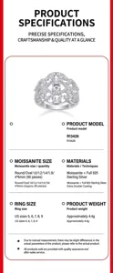 Detailed specifications and sizes for oversized 925 sterling silver full moissanite ring