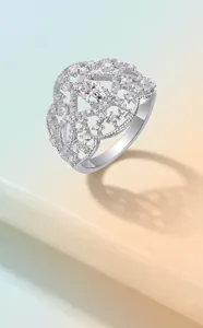 Macro detail of an intricate 925 silver cocktail ring with sparkling Moissanite stones