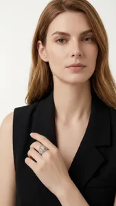 Close-up of a luxury 925 sterling silver ring with moissanite stones worn by a model