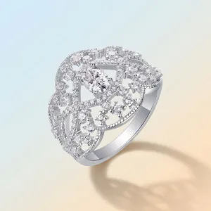 Luxury 925 silver moissanite ring for women with ornate lace design and oval stone