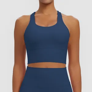 Vue détaillée du soutien-gorge de sport dos nageur bleu foncé à séchage rapide et ajusté