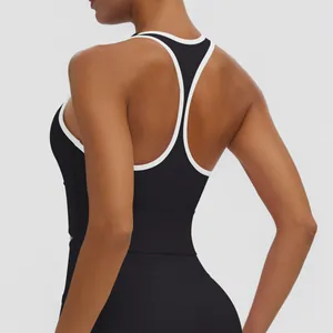 Détail du dos d'un soutien-gorge de sport noir avec bordure blanche et design dos nageur