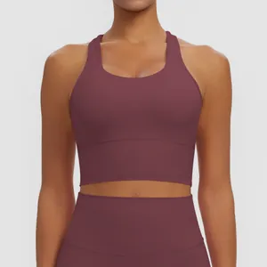 Vue détaillée de face d'un soutien-gorge de sport dos nageur bordeaux pour le yoga
